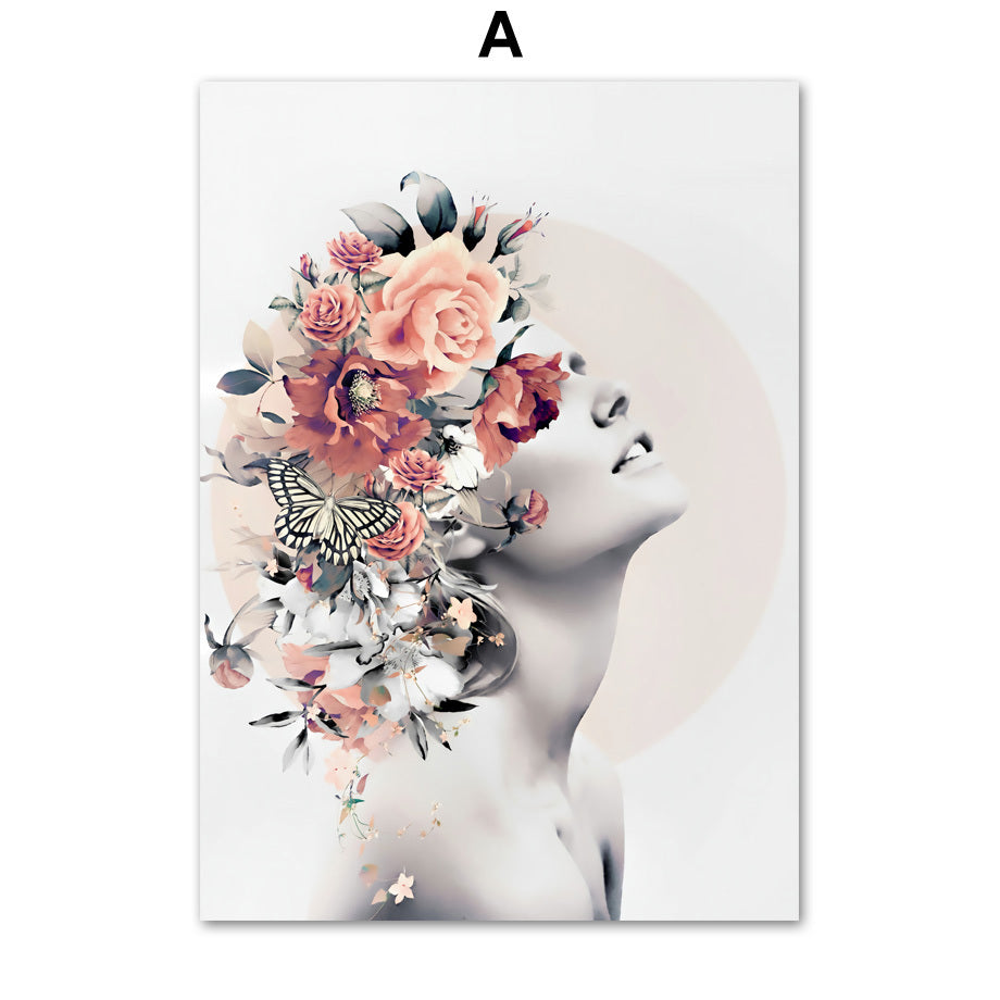 Bird Flower Girl Abstract Illustration Wall Art Canvas Painting Nordic Poster